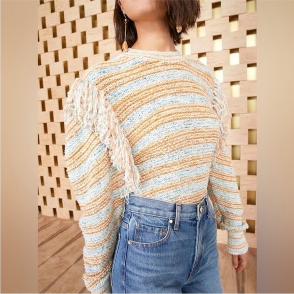 Ulla Johnson Arquette Pullover Crewneck Fringe Sweater in Lily Stripe Size M - Picture 1 of 15